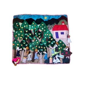 Mexican Naranjal Arpilleria Folk Art Wall Hanging Citrus Orchard 17" X 19"